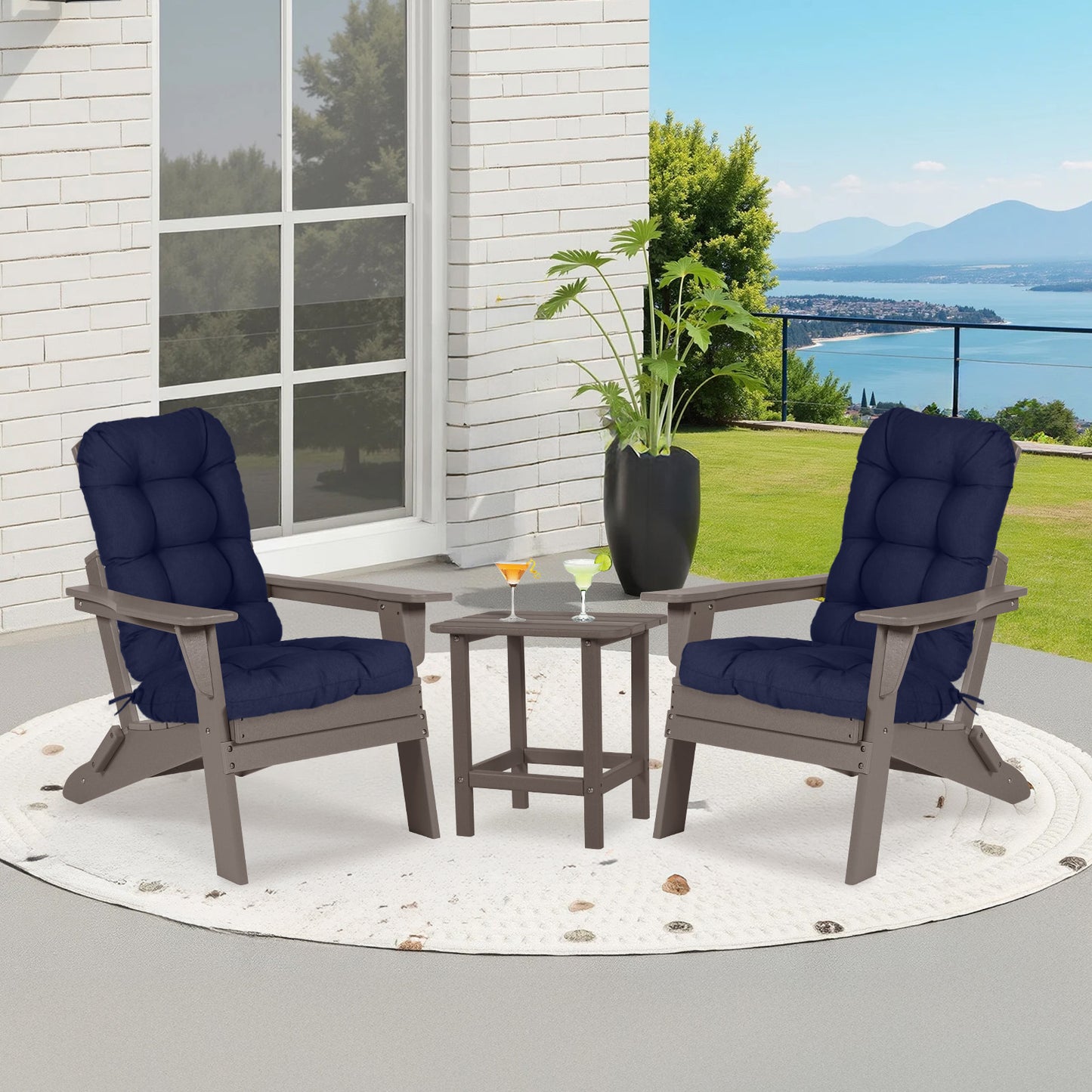 Outdoor High Back Tufted Adirondack Chair Cushion, Patio Rocking Chair Cushions with Ties, Set of 2, Dark Blue Aoodor