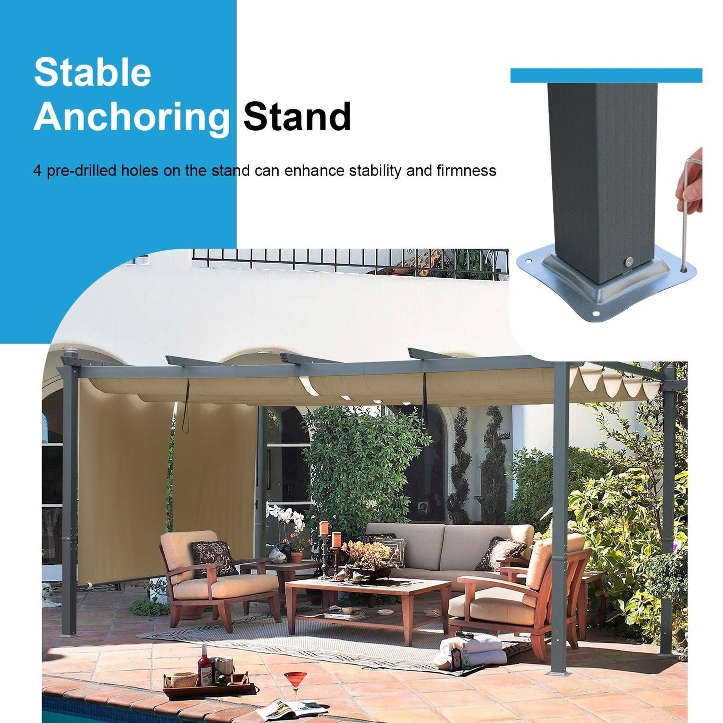 16x12/14x12 ft. Outdoor Pergola with Retractable Shade Canopy, Aluminum Frame, Roller Shade Curtain