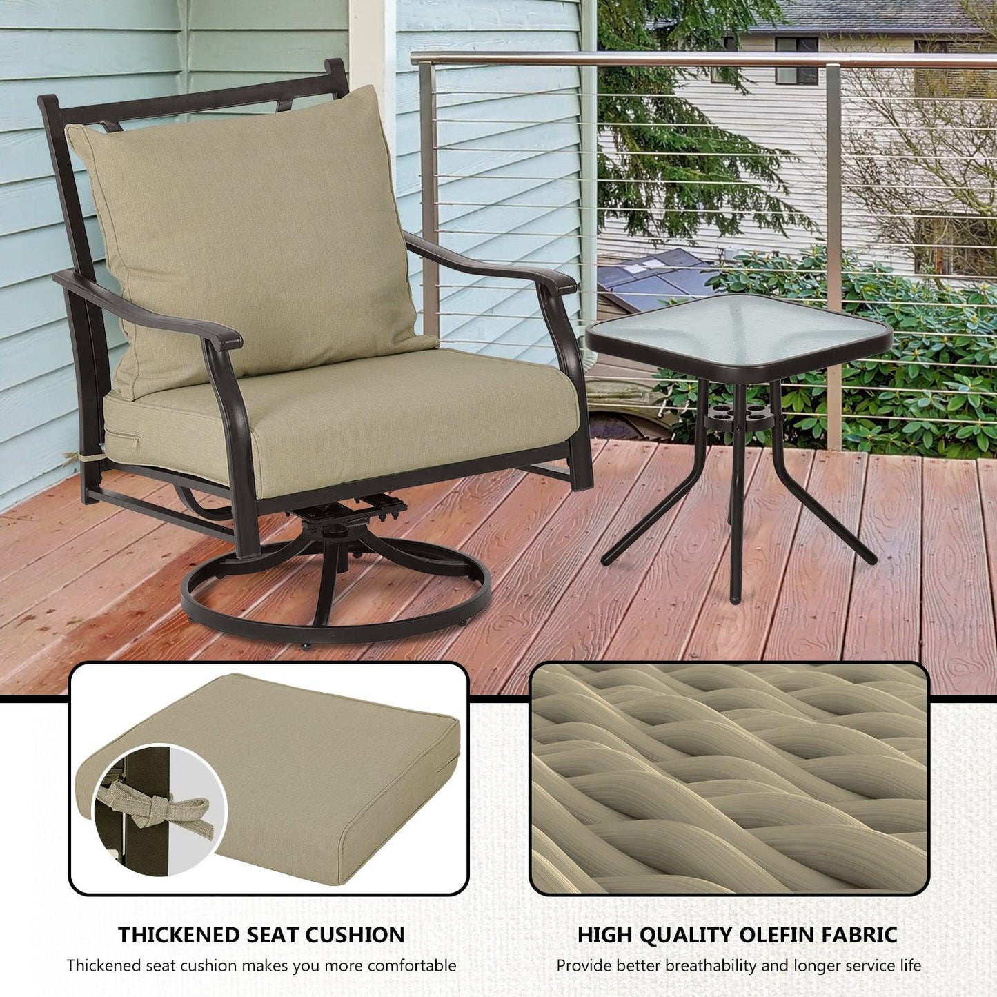 Outdoor Swivel Chair Set - Two Chairs, One Glass Table, and Two Thick Cushions