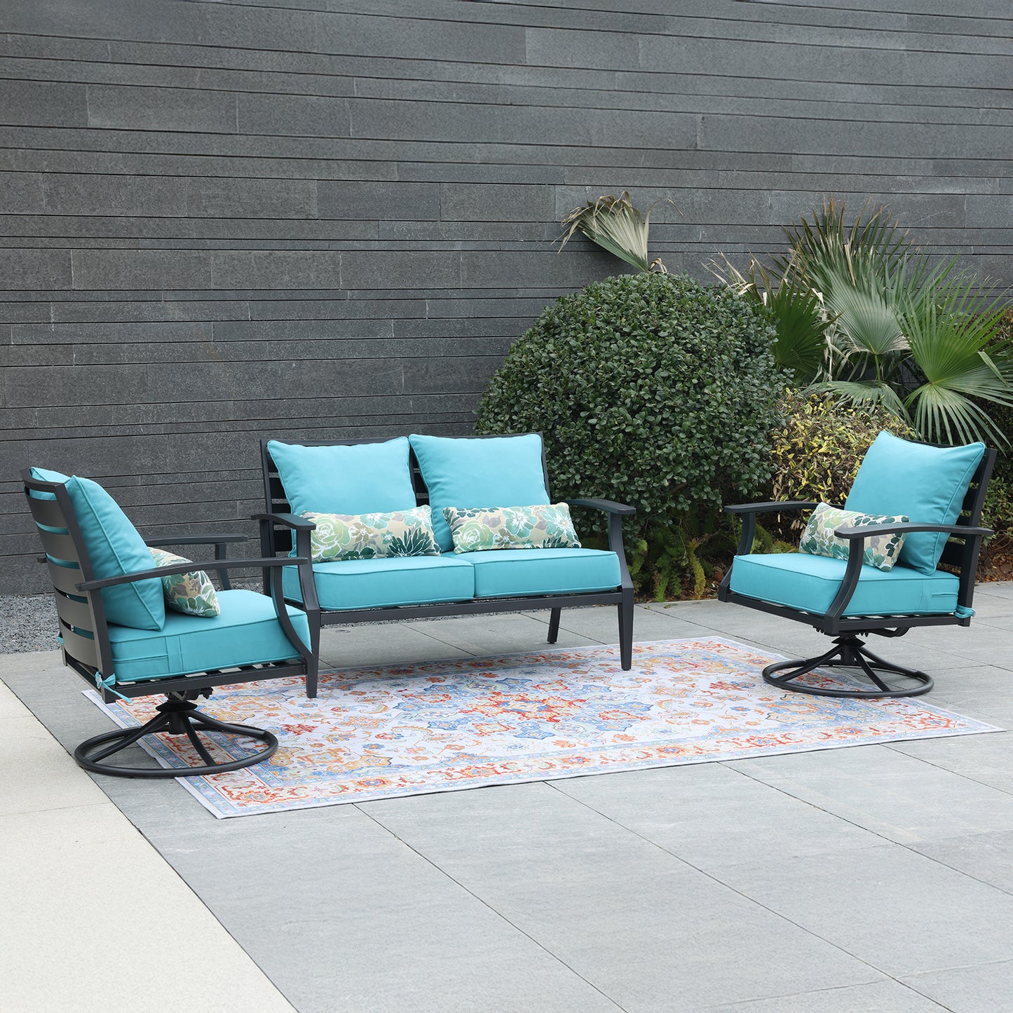 Patio Deep Chair Cushion, 2 Back 2 Seater 2 Pillow, Blue