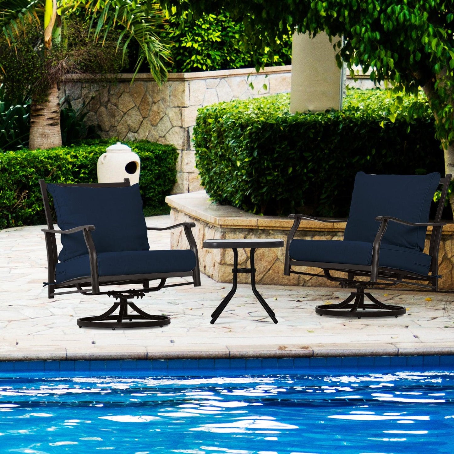Outdoor Swivel Chair Set - Two Chairs, One Glass Table, and Two Thick Cushions