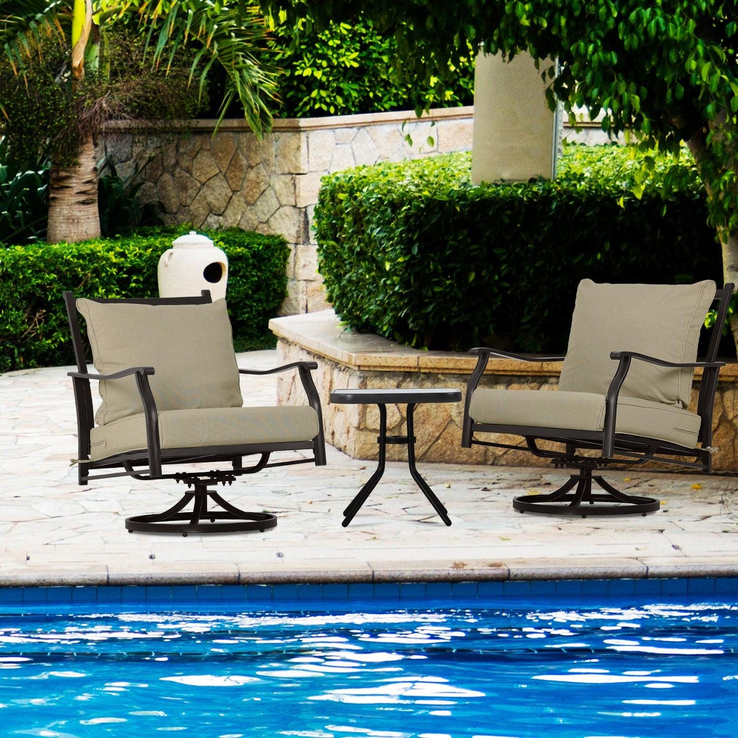 Outdoor Swivel Chair Set - Two Chairs, One Glass Table, and Two Thick Cushions