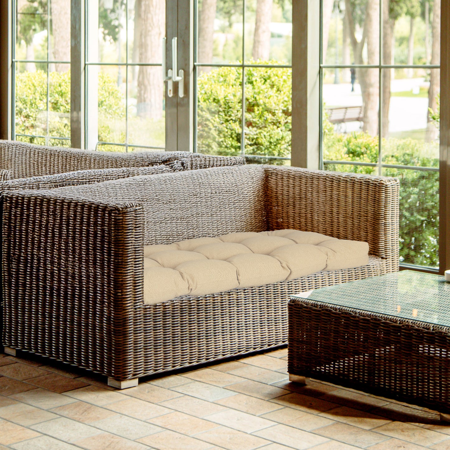Outdoor Polyester Tufted Bench Cushion, Water & Fade Resistant, Khaki