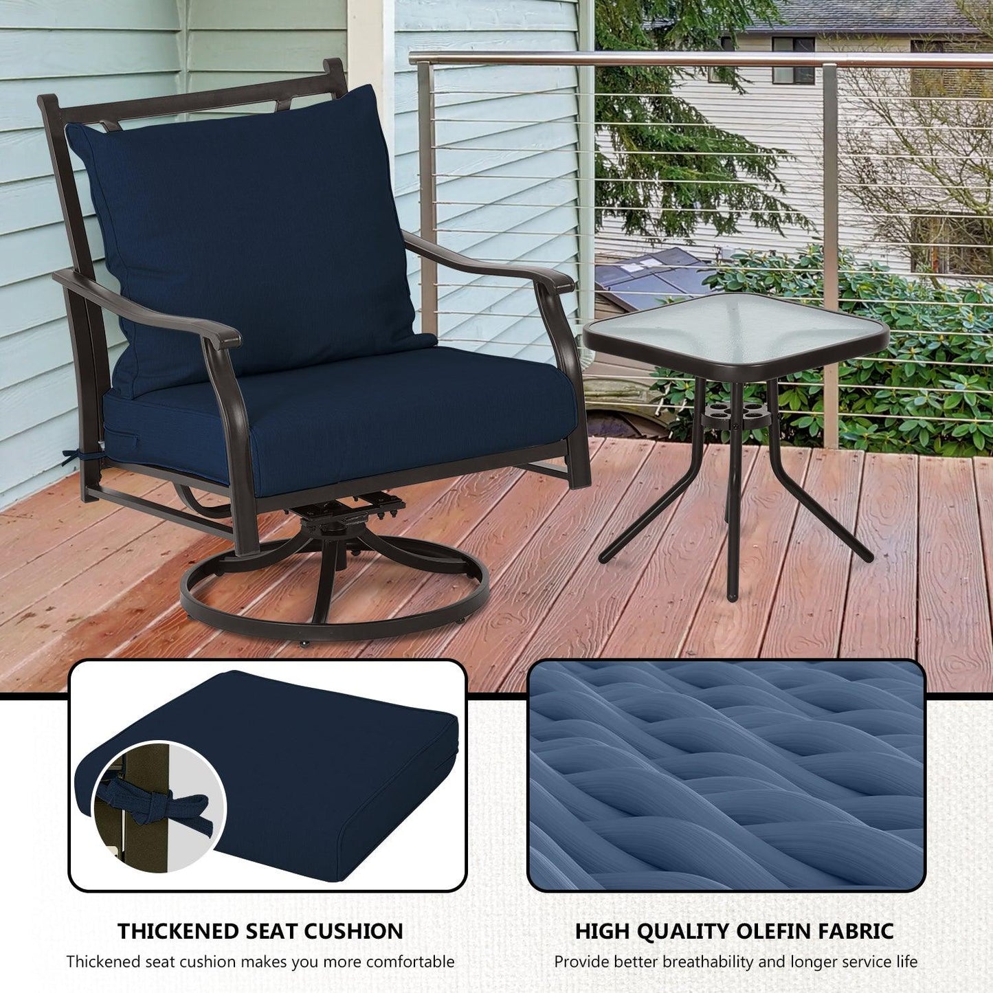 Outdoor Swivel Chair Set - Two Chairs, One Glass Table, and Two Thick Cushions