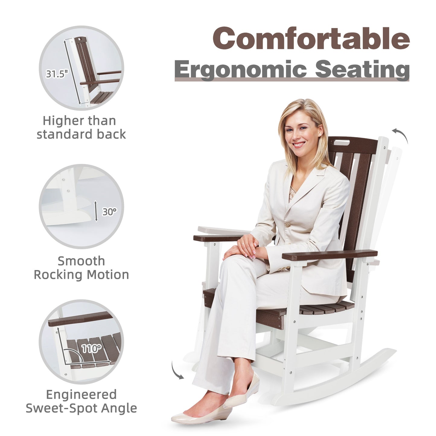 Outdoor Rocking Chair, Ergonomic HDPE Rockers with All-Weather Design