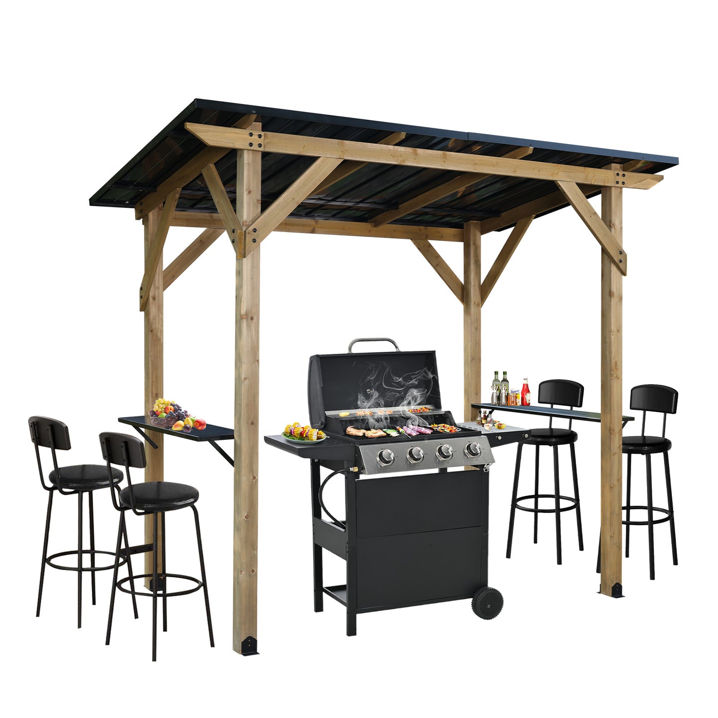8'x5' Wooden Grill Gazebo, Outdoor Hardtop Gazebo with Sloping Metal Roof and 2 Side Shelves, Fits Most Grills, BBQ Canopy Aoodor