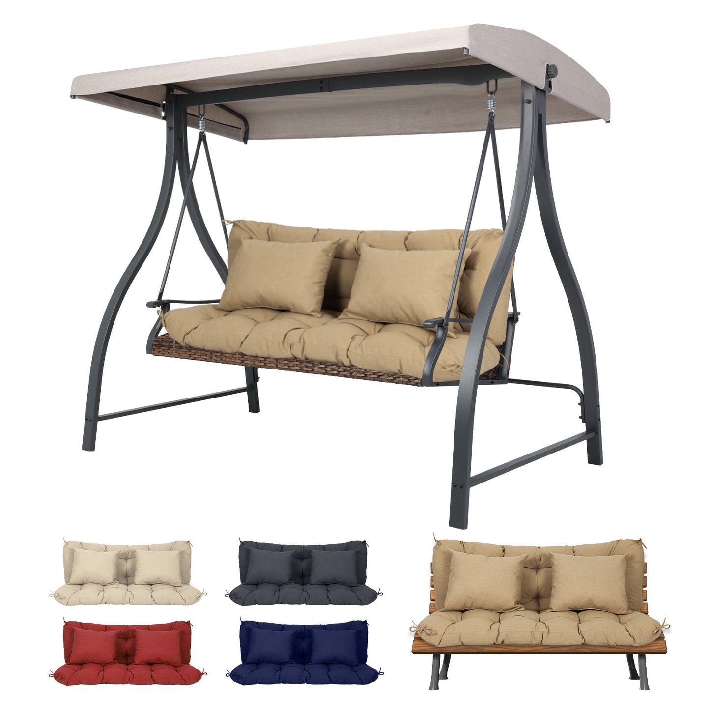 59" Tufted Porch Swing Cushions, Extra 5.1" Thick Outdoor Swing Bench Replacement Cushion with Backrest and 2 Pillows - Brown Aoodor