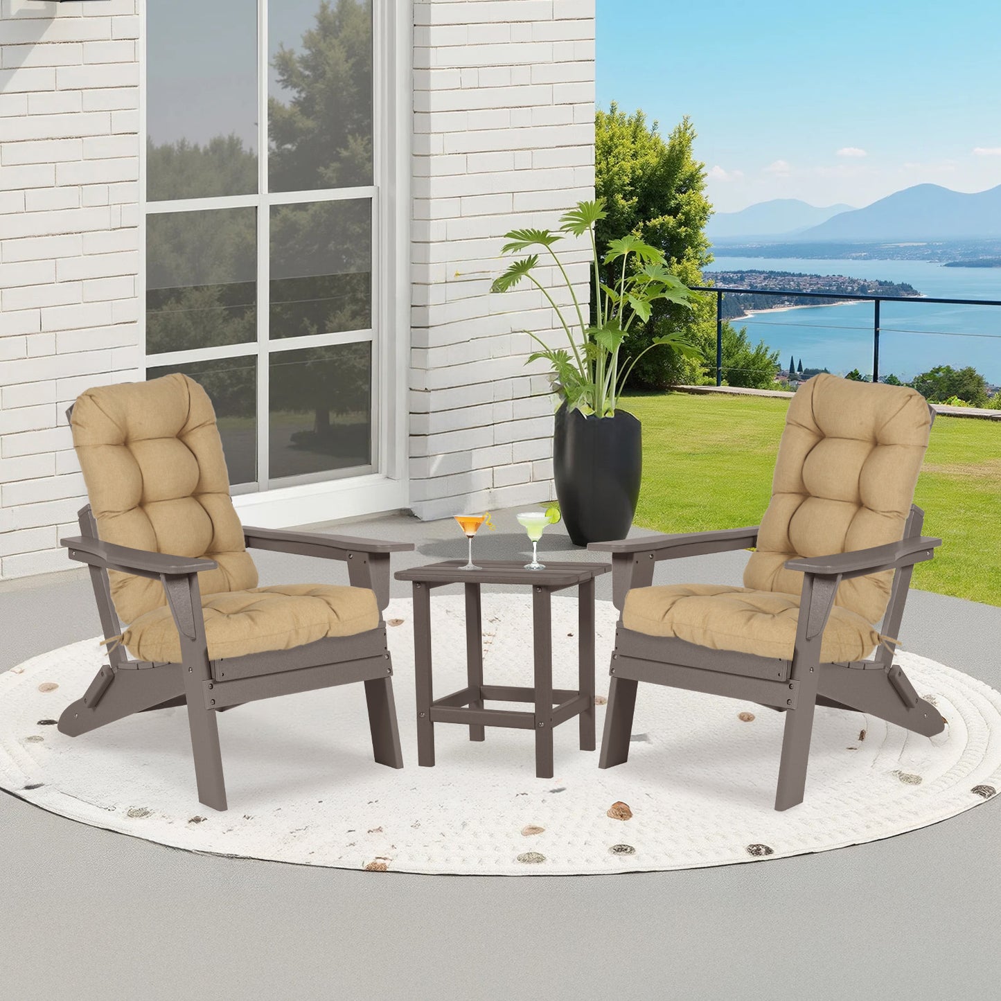 Outdoor High Back Tufted Adirondack Chair Cushion, Patio Rocking Chair Cushions with Ties, Set of 2, Brown