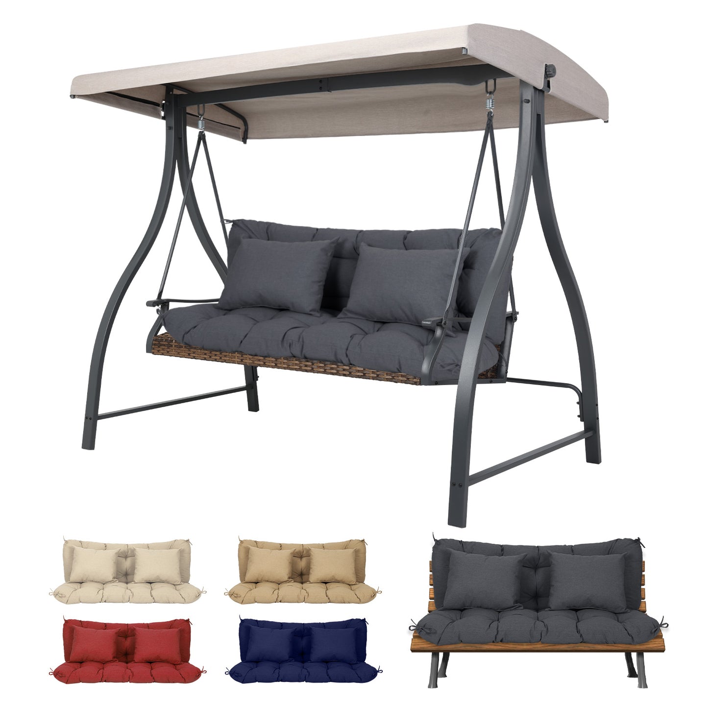 59" Tufted Porch Swing Cushions, Extra 5.1" Thick Outdoor Swing Bench Replacement Cushion with Backrest and 2 Pillows - Dark Gray Aoodor