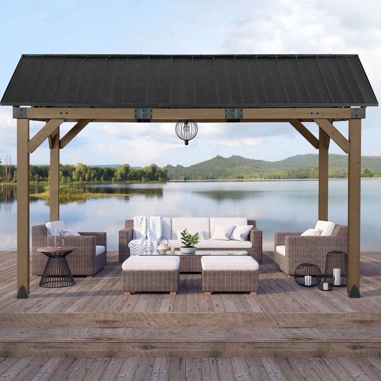 10'x12'/12'x14' Cedar Wood Hardtop Gazebo with Galvanized Steel Roof