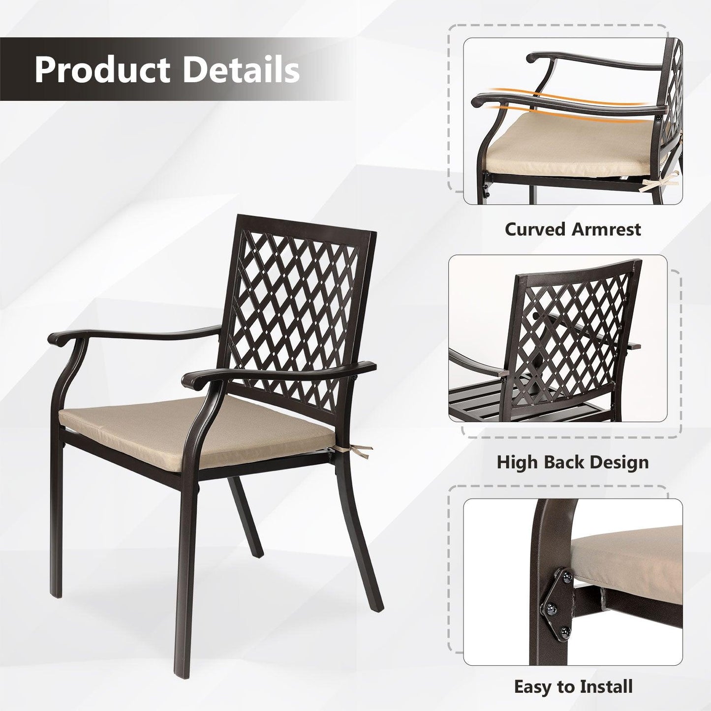 2-Piece Set Outdoor Patio Metal Dining Chairs with Seat Cushions
