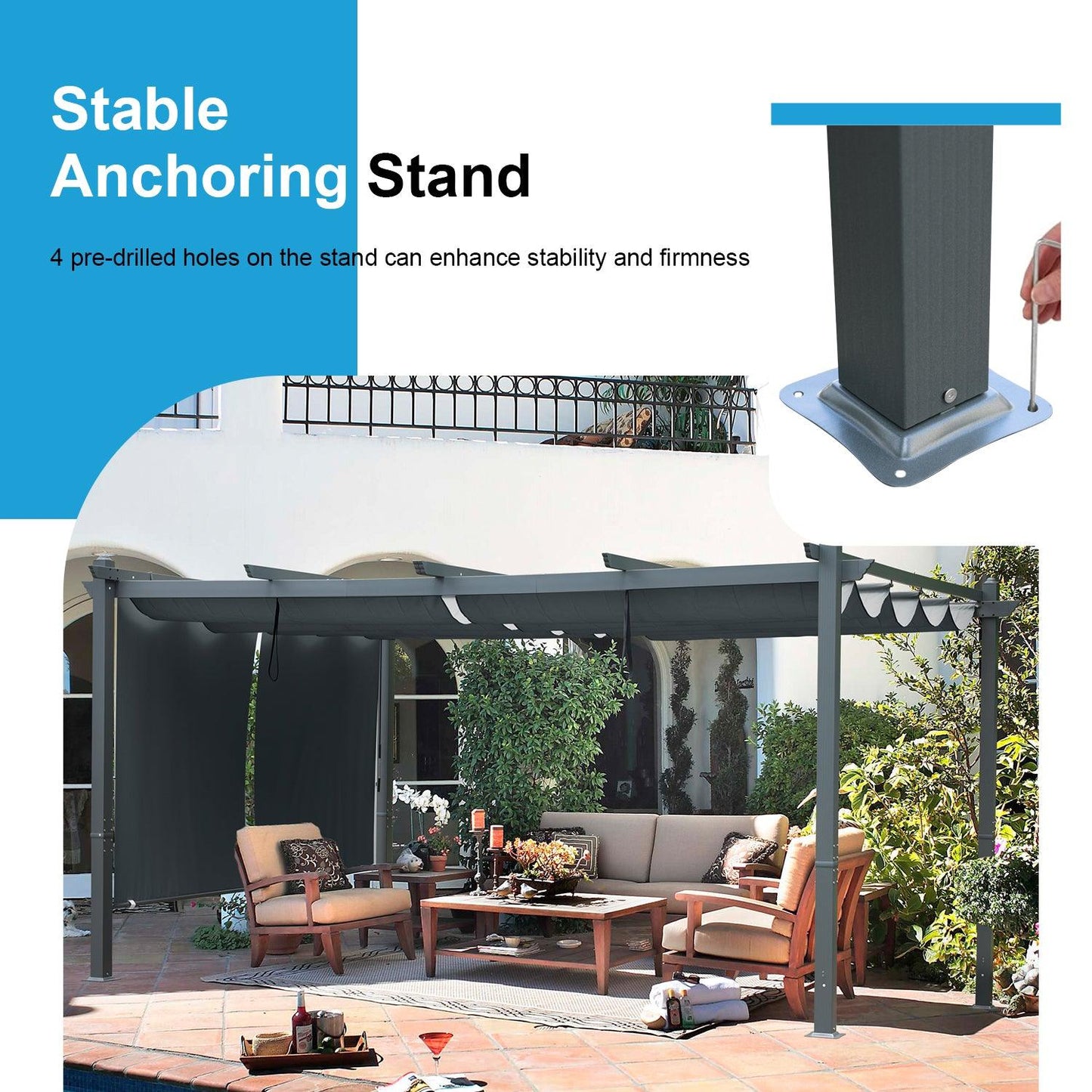 16x12/14x12 ft. Outdoor Pergola with Retractable Shade Canopy, Aluminum Frame, Roller Shade Curtain