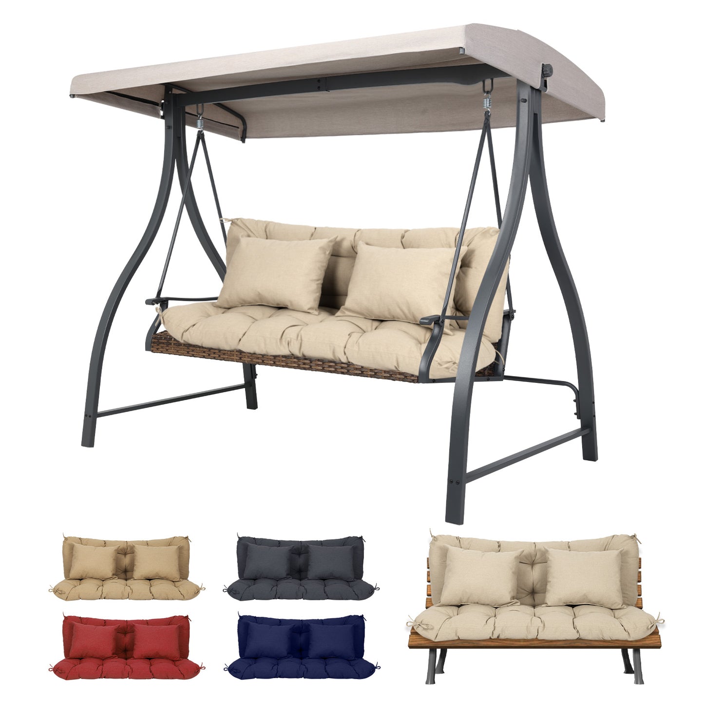 59" Tufted Porch Swing Cushions, Extra 5.1" Thick Outdoor Swing Bench Replacement Cushion with Backrest and 2 Pillows - Khaki Aoodor