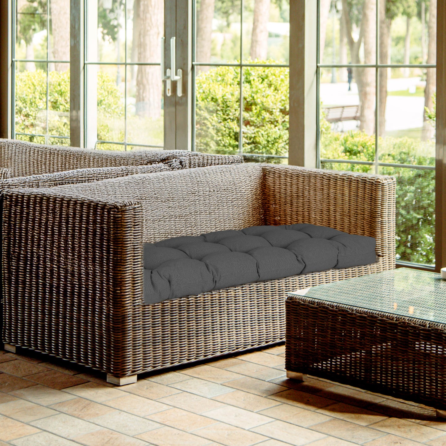 Outdoor Polyester Tufted Bench Cushion, Water & Fade Resistant, Dark Gray