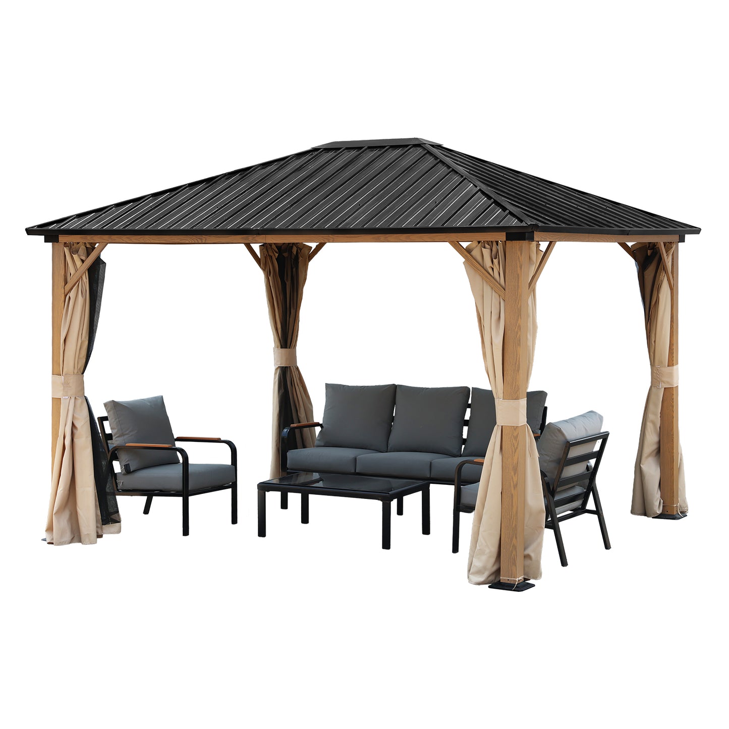 10'x12' Outdoor Hardtop Gazebo with Curtains and Mosquito Nettings, Wooden Finish Coated Aluminum Frame