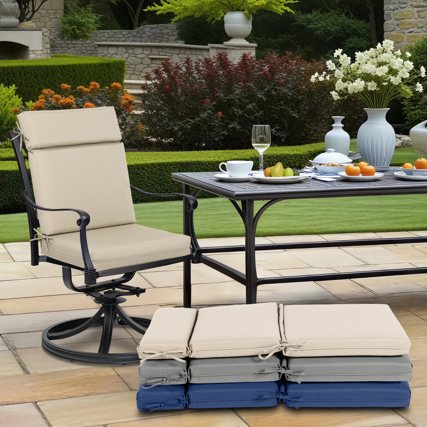 Outdoor Polyester High Back Dining Chair Cushion Set - Khaki Aoodor