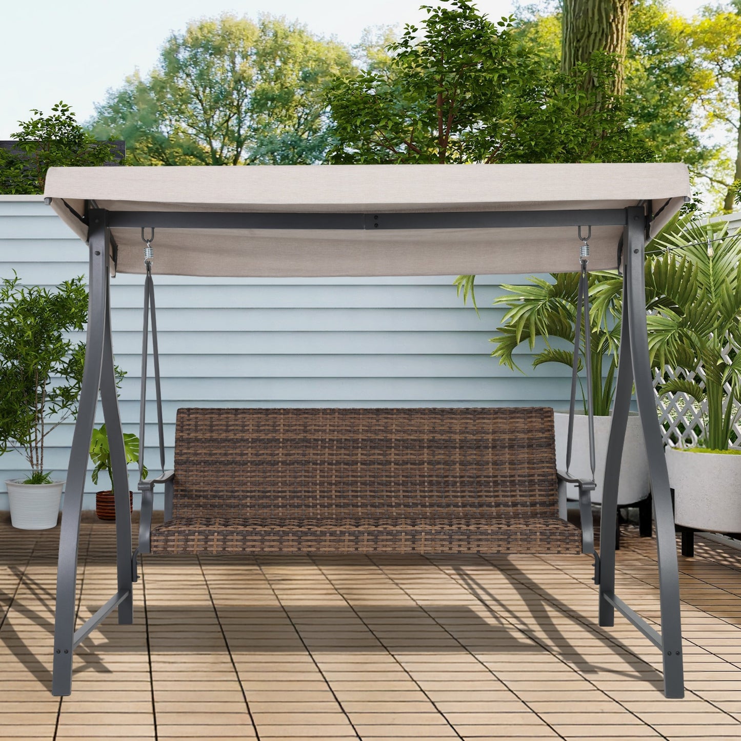 3-Seat Outdoor Rattan Patio Swing with Adjustable Canopy Aoodor