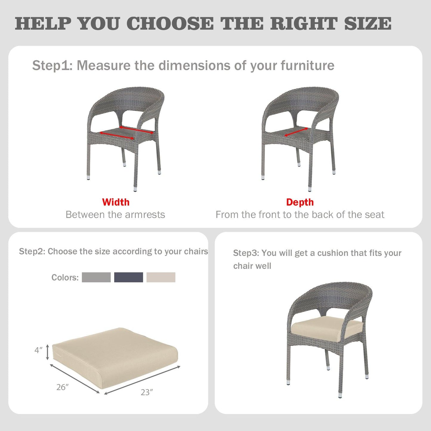 Outdoor Chair Cushion , Removable Cover with Hidden Zipper, Adaptable Secure Ties - Khaki