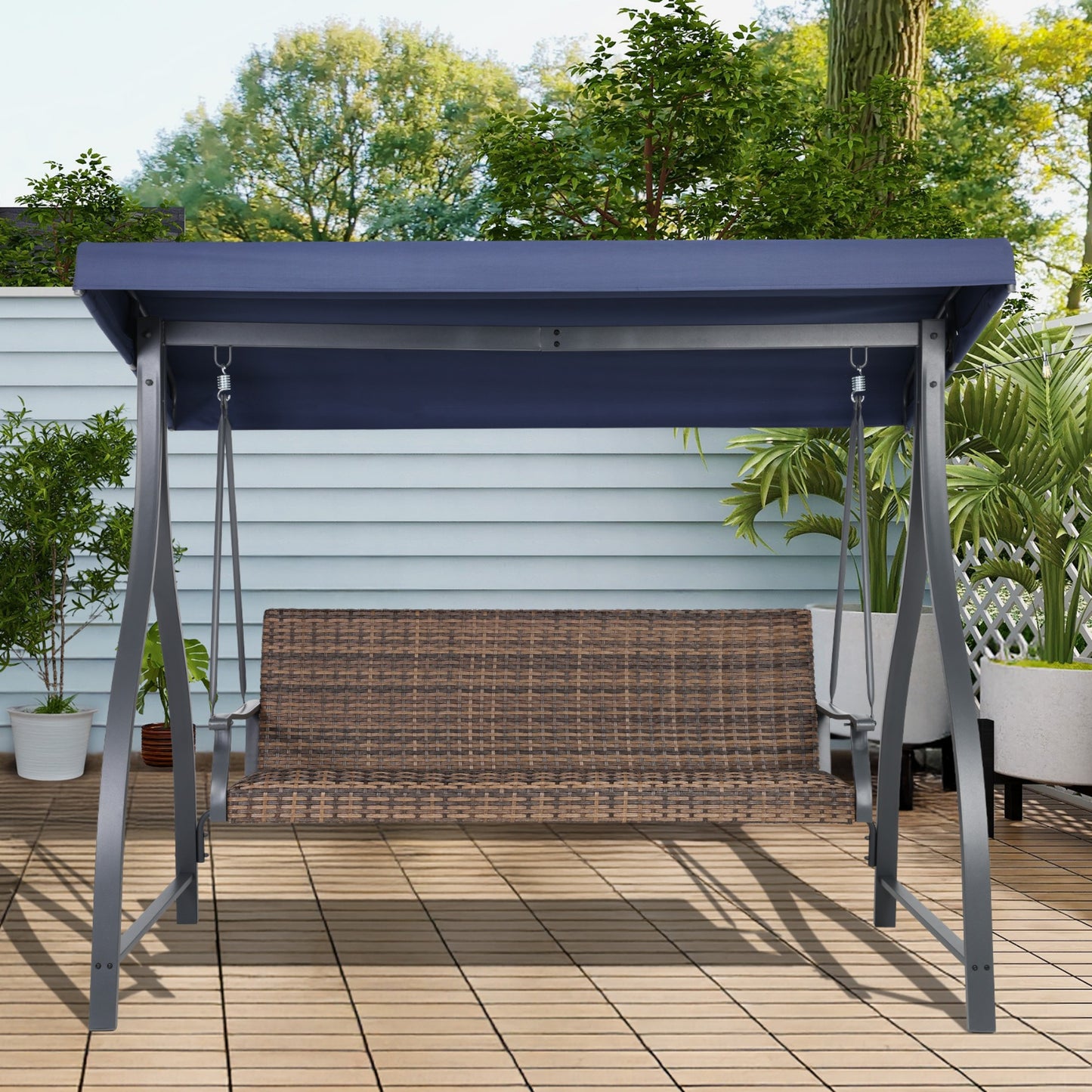 3-Seat Outdoor Rattan Patio Swing with Adjustable Canopy Aoodor
