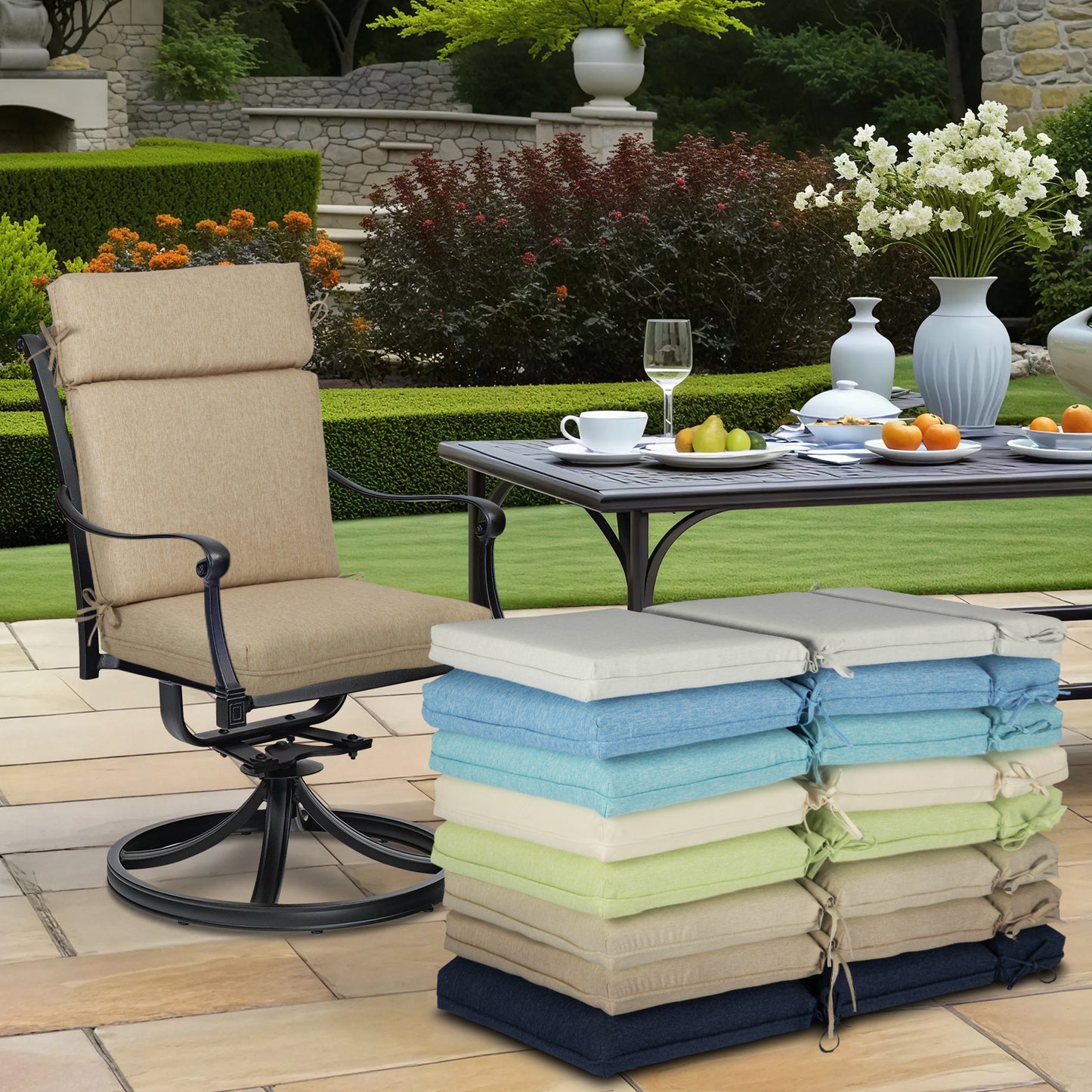 Outdoor High Back Dining Chair Cushion Set, Polyester Fabric, TPU Water Repellent Coating, Brown Aoodor