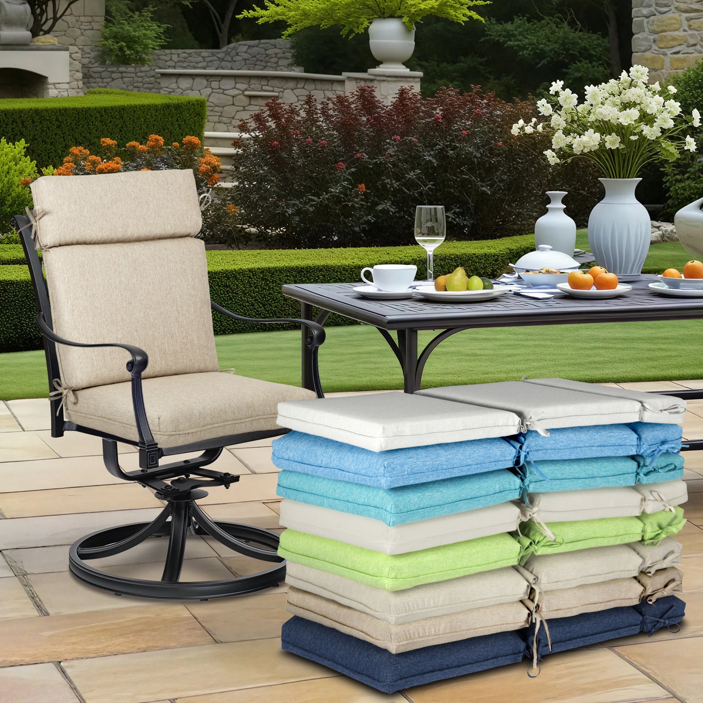 Outdoor High Back Dining Chair Cushion Set, Polyester Fabric, TPU Water Repellent Coating, Brown Aoodor