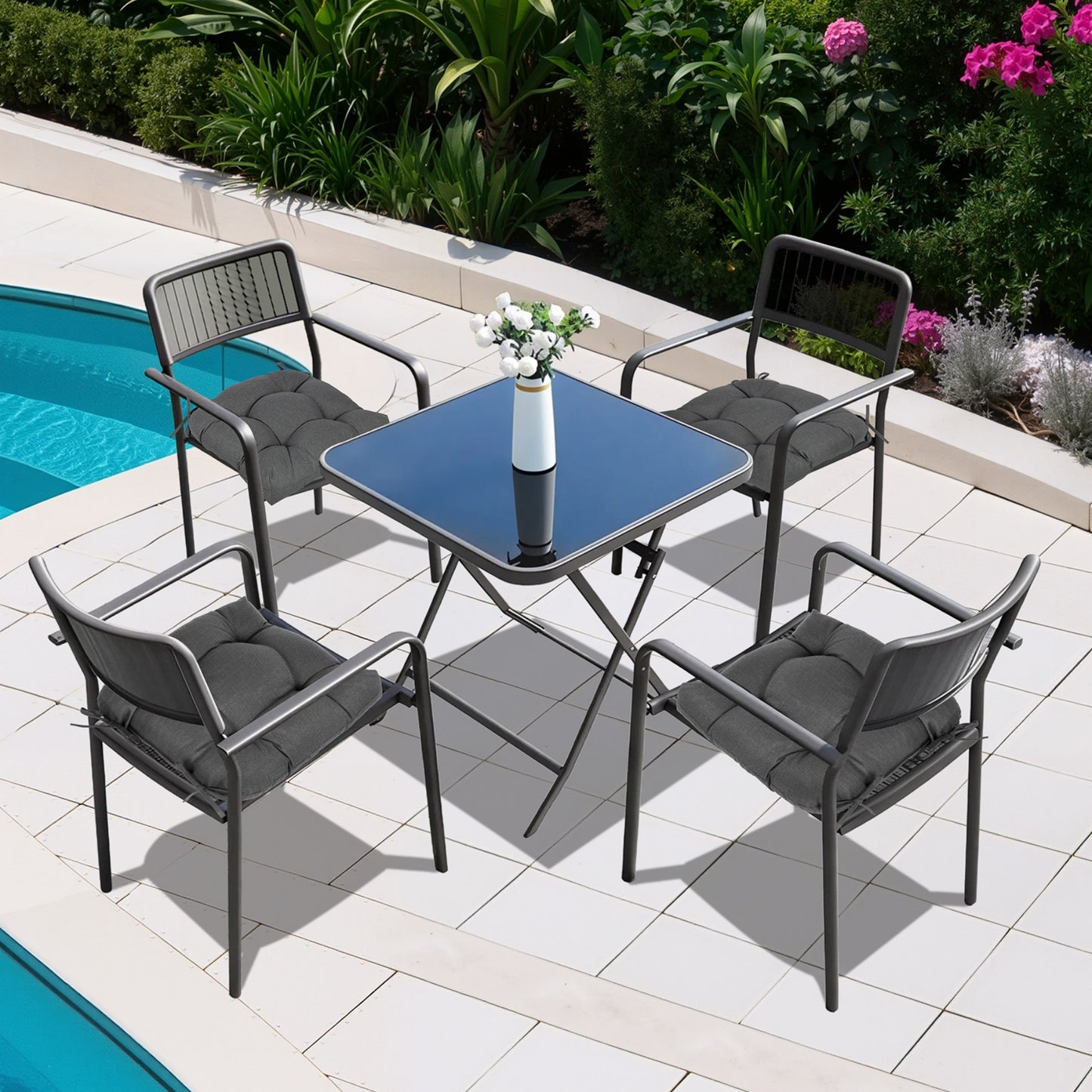 19x19x5 Inch Tufted Outdoor Chair Cushions, Water and Fade Resistant Polyester Dining Chair Pads with Ties - Dark Gray Aoodor