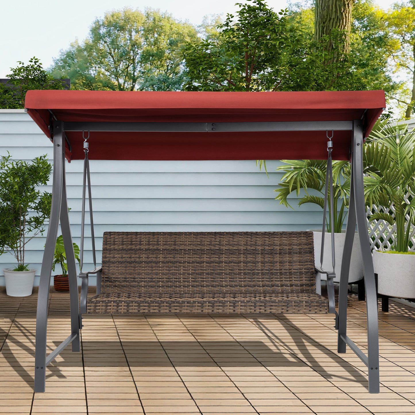 3-Seat Outdoor Rattan Patio Swing with Adjustable Canopy Aoodor