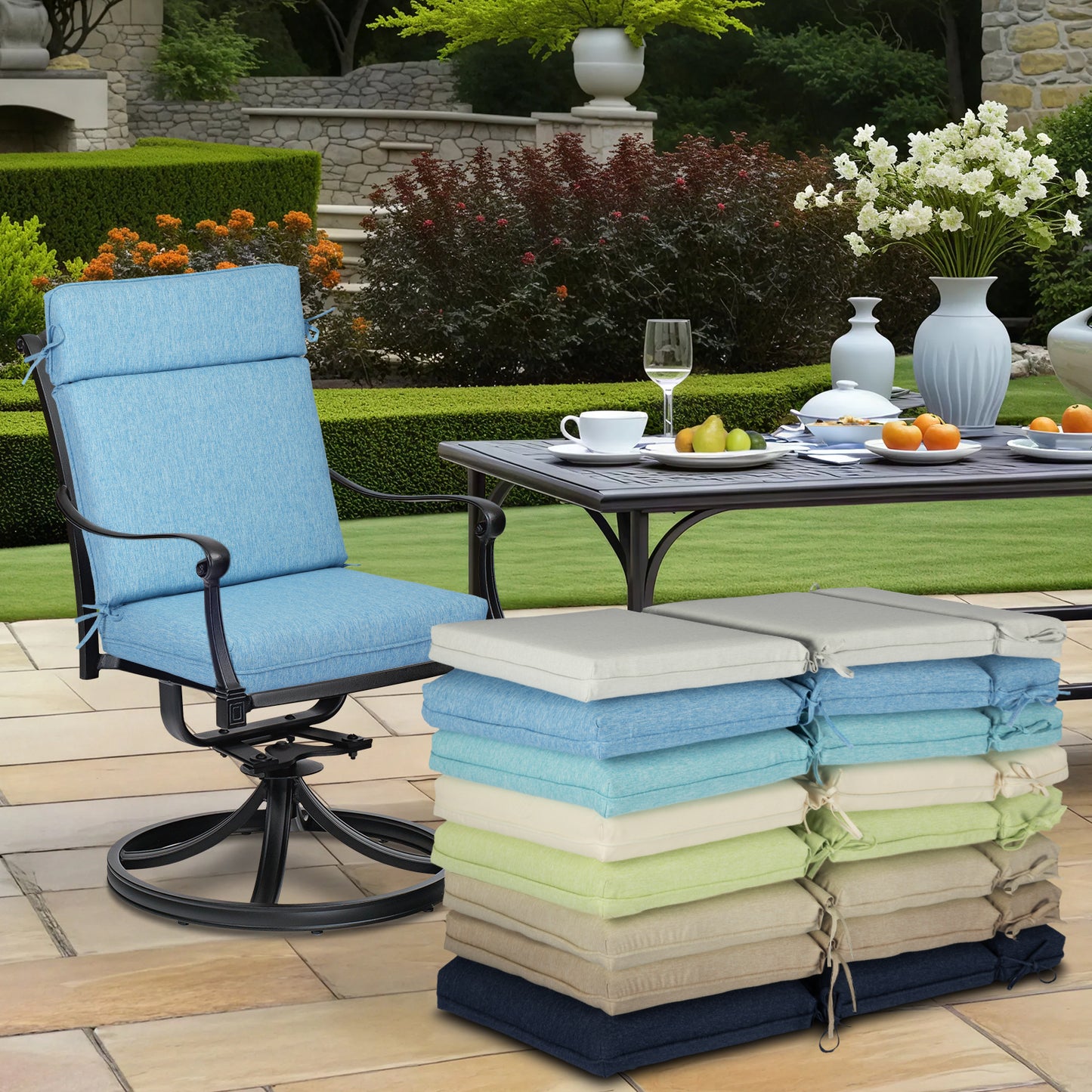 Outdoor High Back Dining Chair Cushion Set, Polyester Fabric, TPU Water Repellent Coating, Lake Blue Aoodor