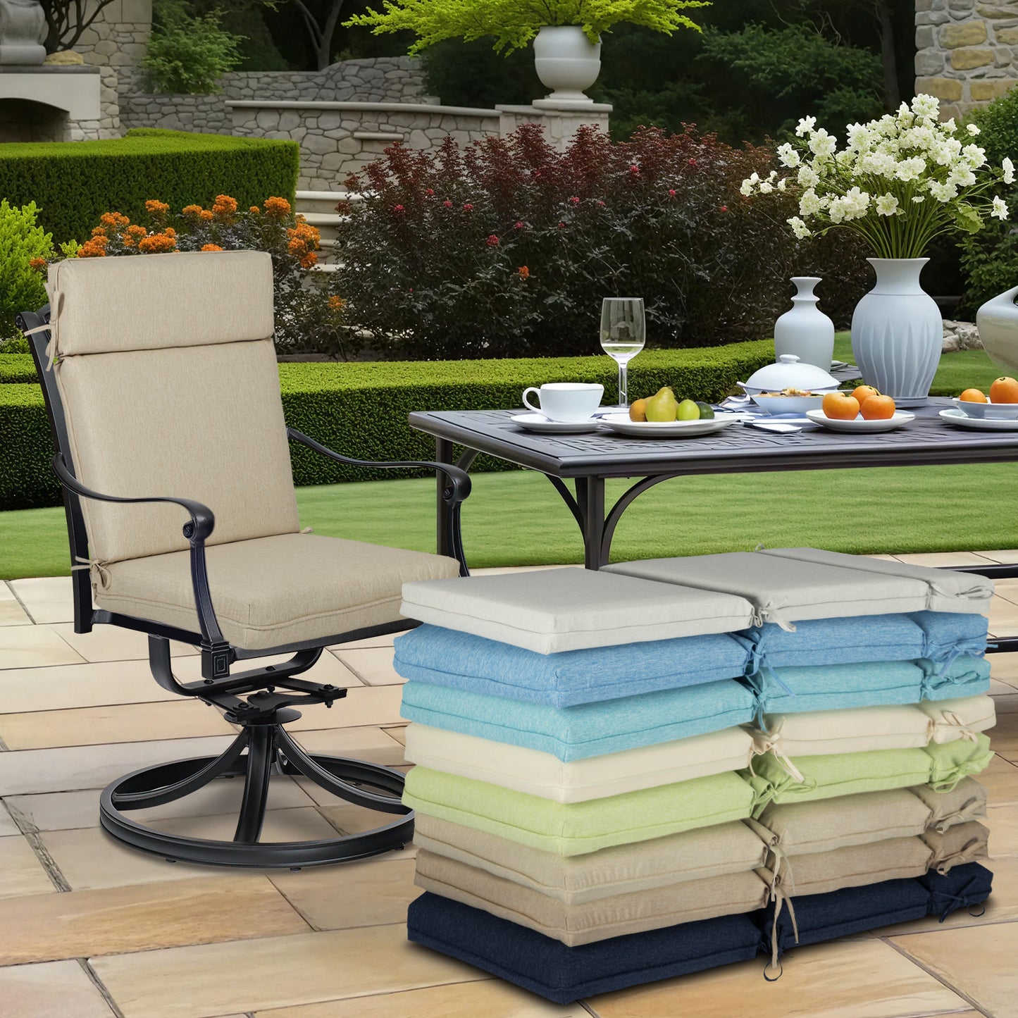 Outdoor High Back Dining Chair Cushion Set, Polyester Fabric, TPU Water Repellent Coating, Light Taupe Aoodor