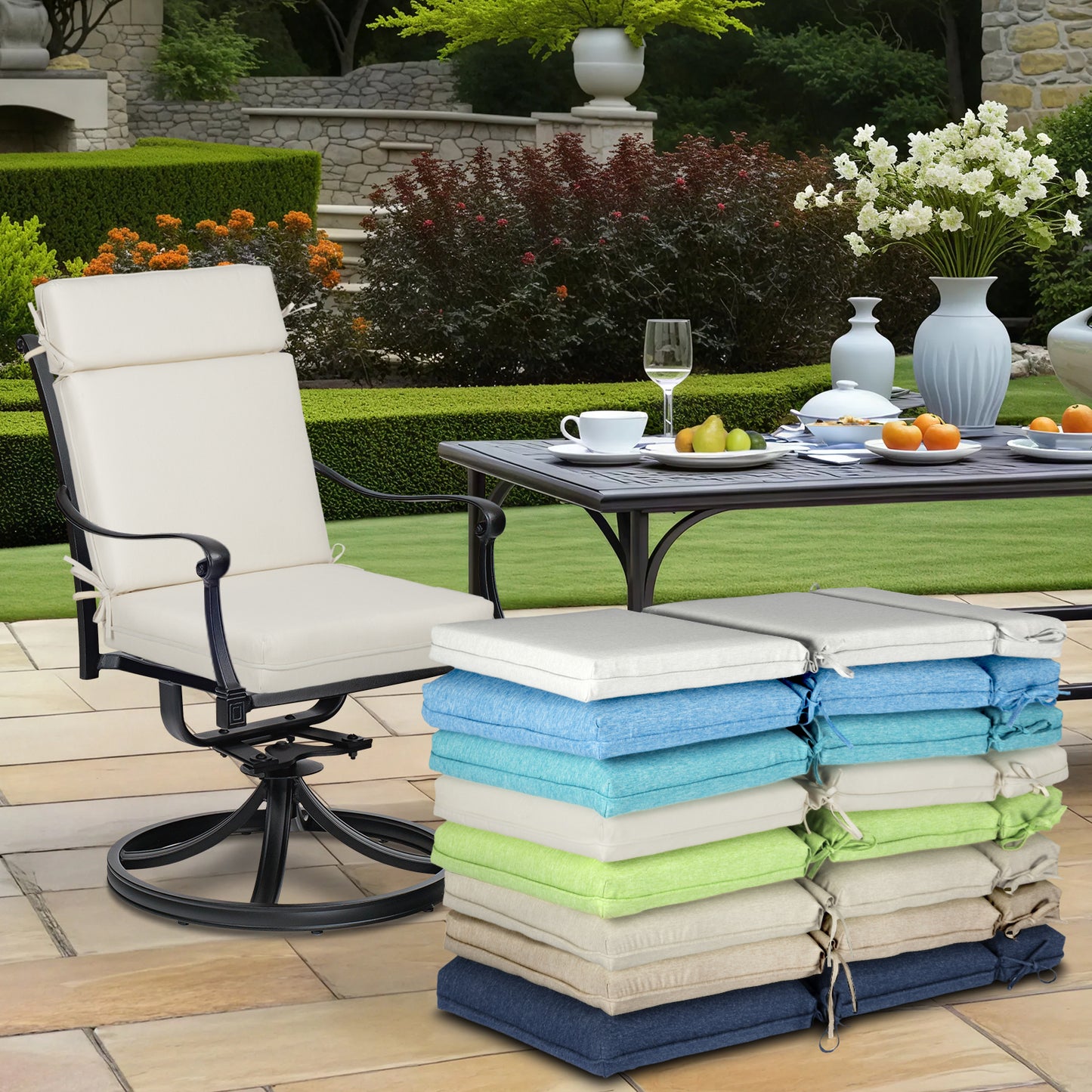 Outdoor High Back Dining Chair Cushion Set, Polyester Fabric, TPU Water Repellent Coating, Ivory Aoodor