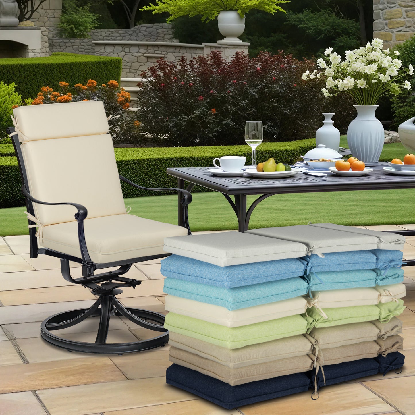 Outdoor High Back Dining Chair Cushion Set, Polyester Fabric, TPU Water Repellent Coating, Ivory Aoodor