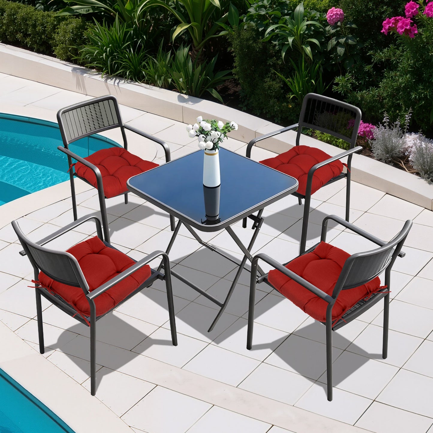 19x19x5 Inch Tufted Outdoor Chair Cushions, Water and Fade Resistant Polyester Dining Chair Pads with Ties - Red Aoodor