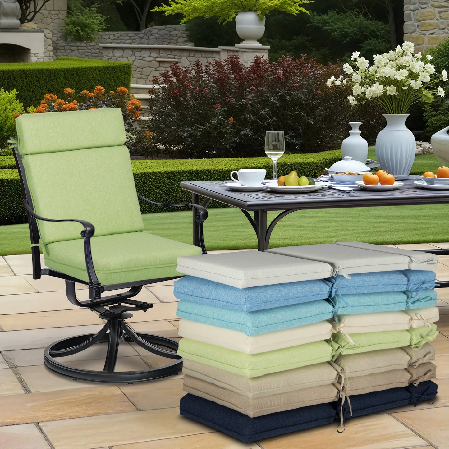 Outdoor High Back Dining Chair Cushion Set, Polyester Fabric, TPU Water Repellent Coating, Green Aoodor