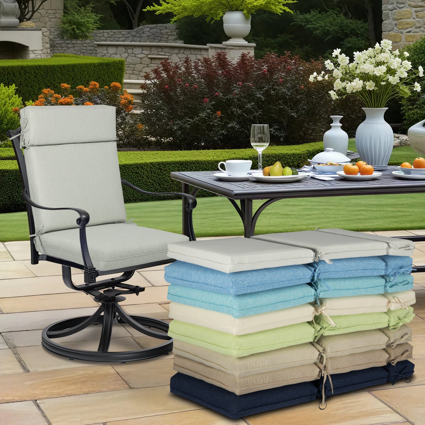 Outdoor High Back Dining Chair Cushion Set, Polyester Fabric, TPU Water Repellent Coating, Light Gray Aoodor