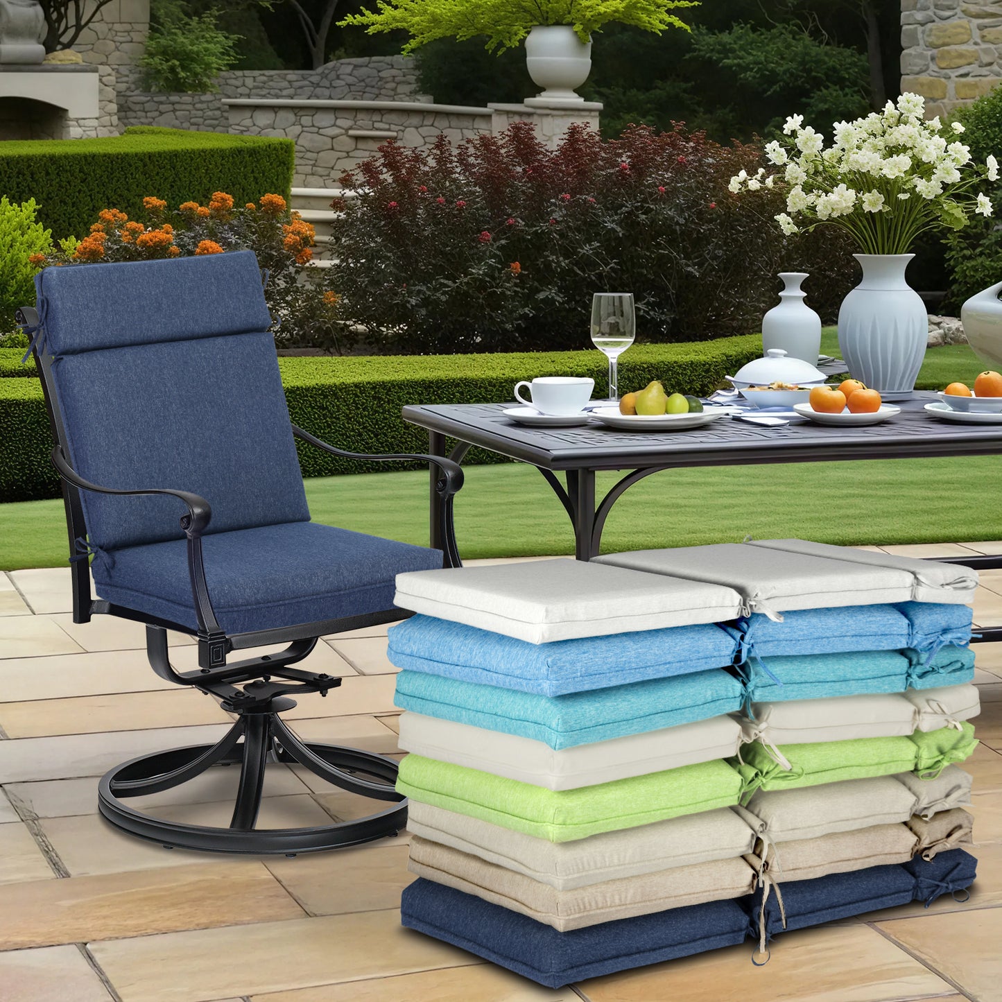 Outdoor High Back Dining Chair Cushion Set, Polyester Fabric, TPU Water Repellent Coating, Navy Blue Aoodor