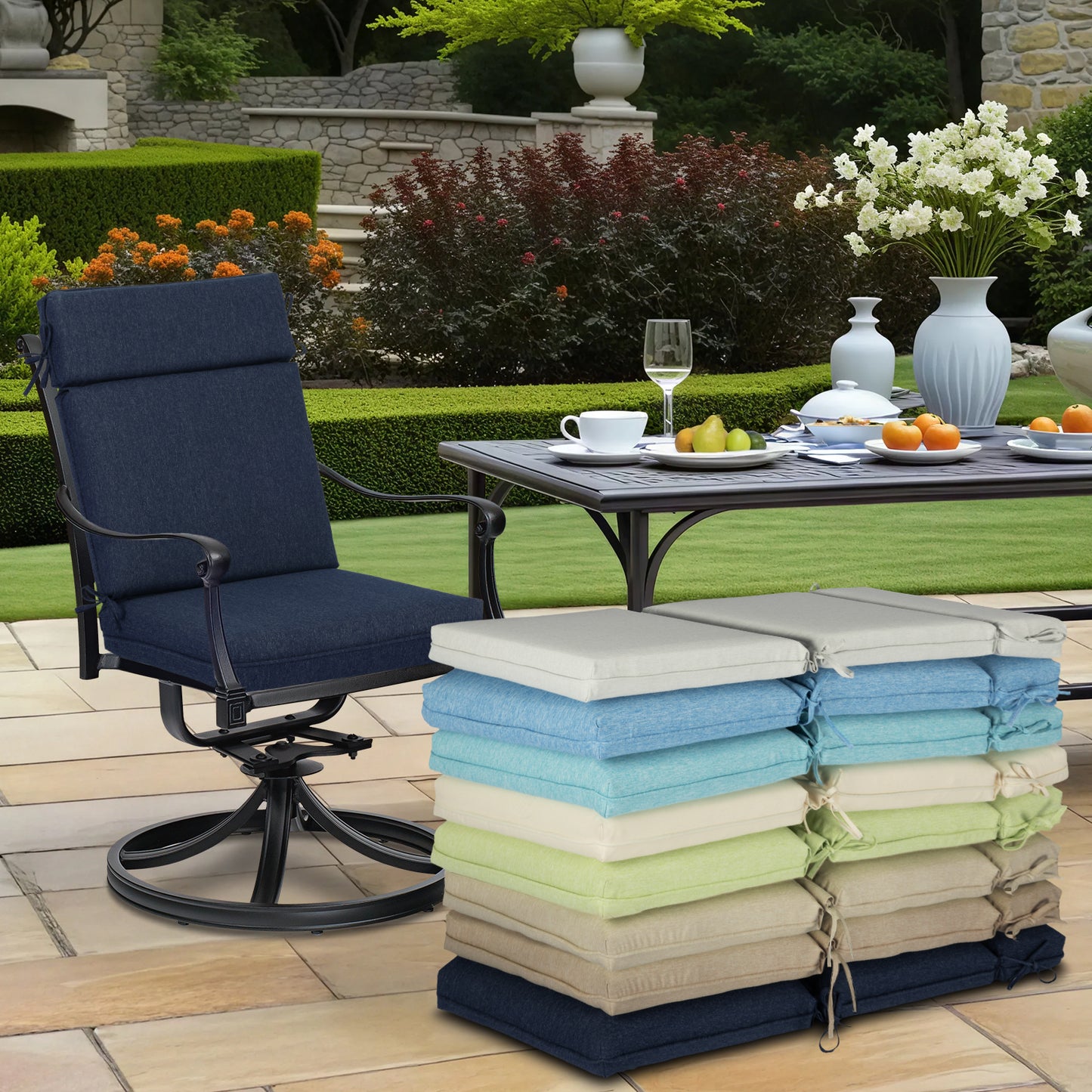 Outdoor High Back Dining Chair Cushion Set, Polyester Fabric, TPU Water Repellent Coating, Navy Blue Aoodor