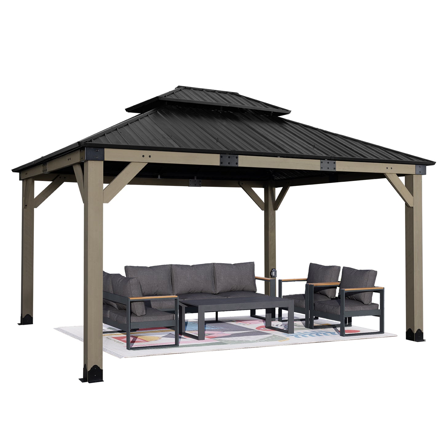 12'x14' Upgrade Cedar Wooden Frame Gazebo with 2-Tier Galvanized Steel Roof and Outlets