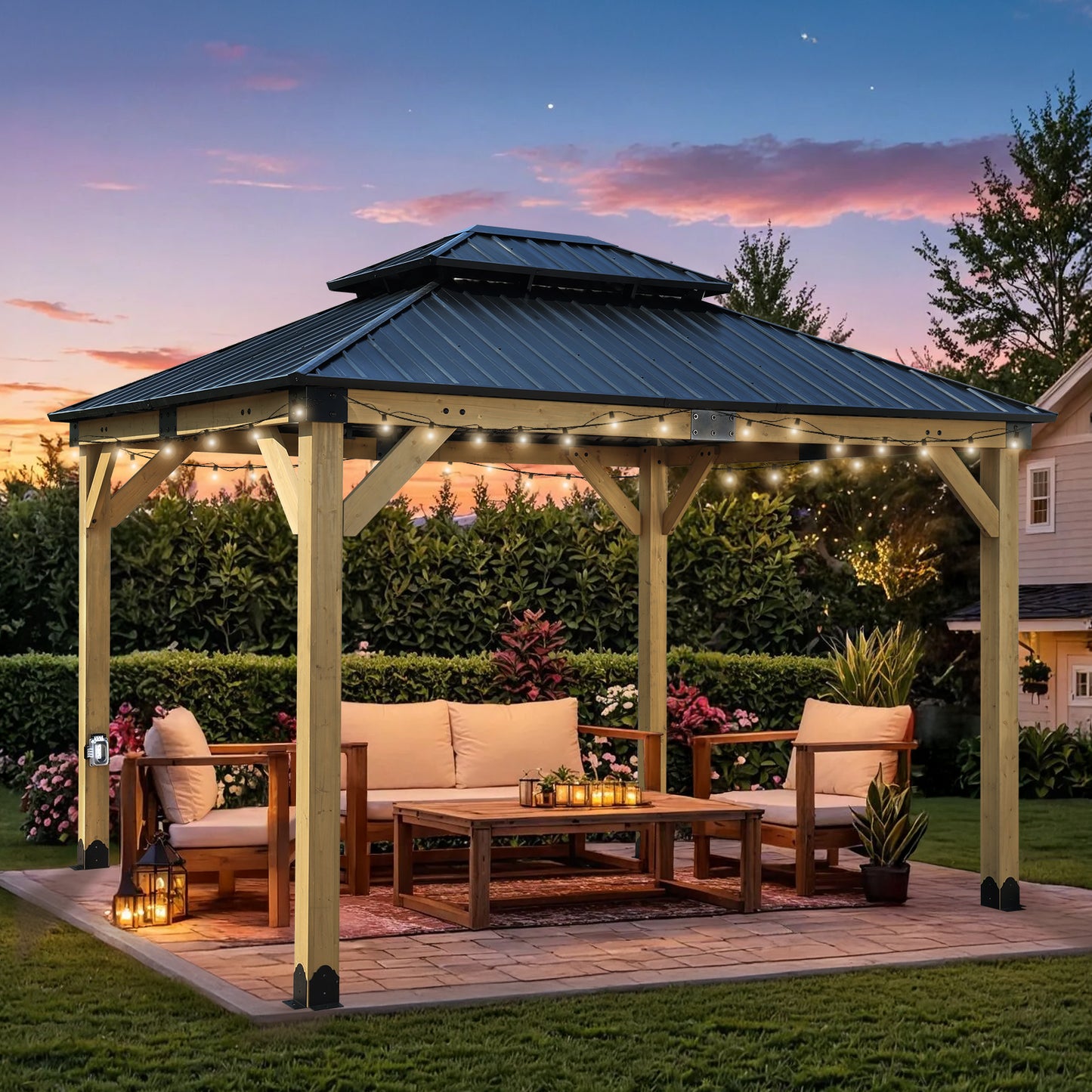 10'x12' Outdoor Patio Wooden Frame Gazebo with 2-Tier Galvanized Metal Hardtop Roof and Charging Socket