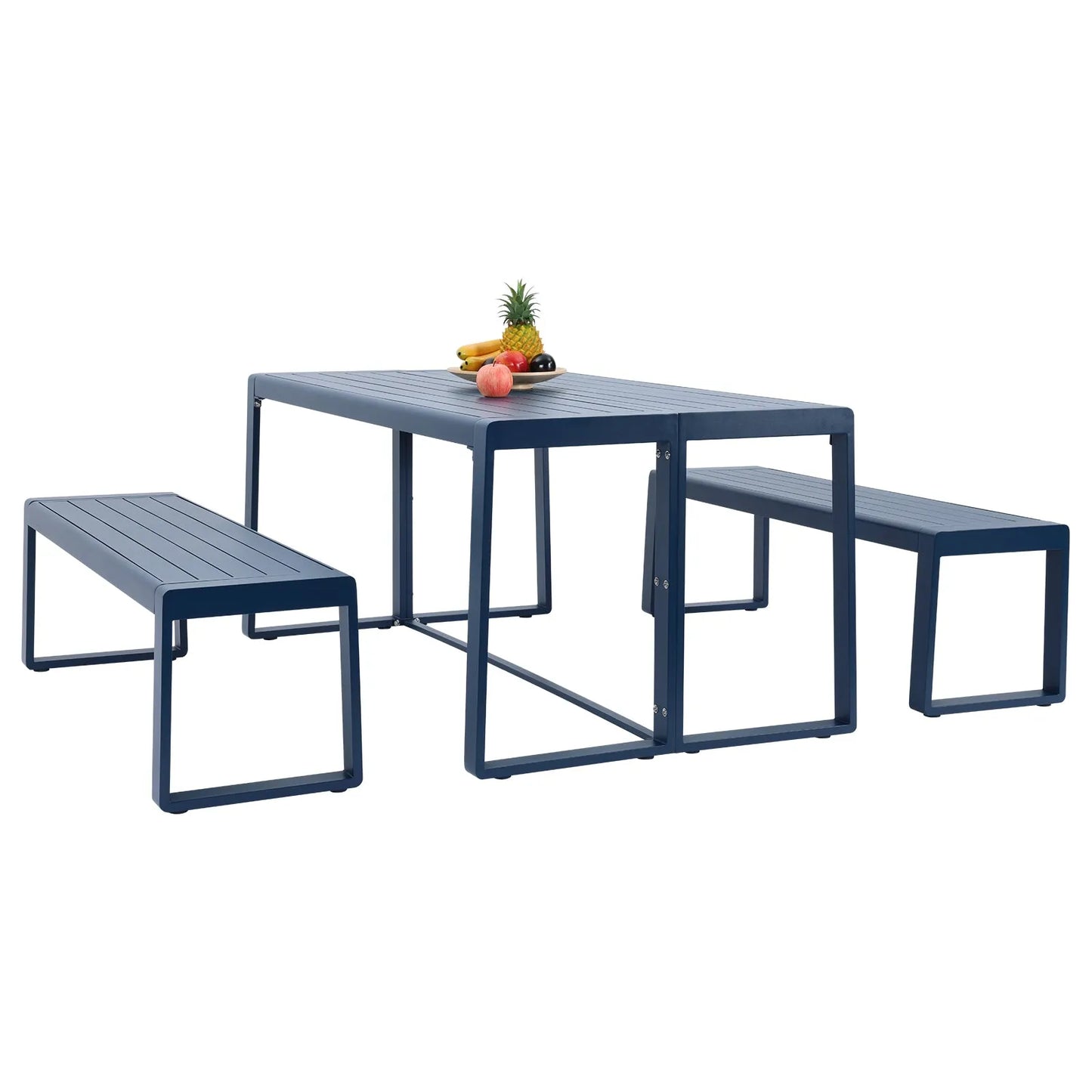 Aoodor 3-Piece Outdoor Patio Aluminum Dining Set with 1 Rectangular Picnic Table and 2 Benches Darkblue