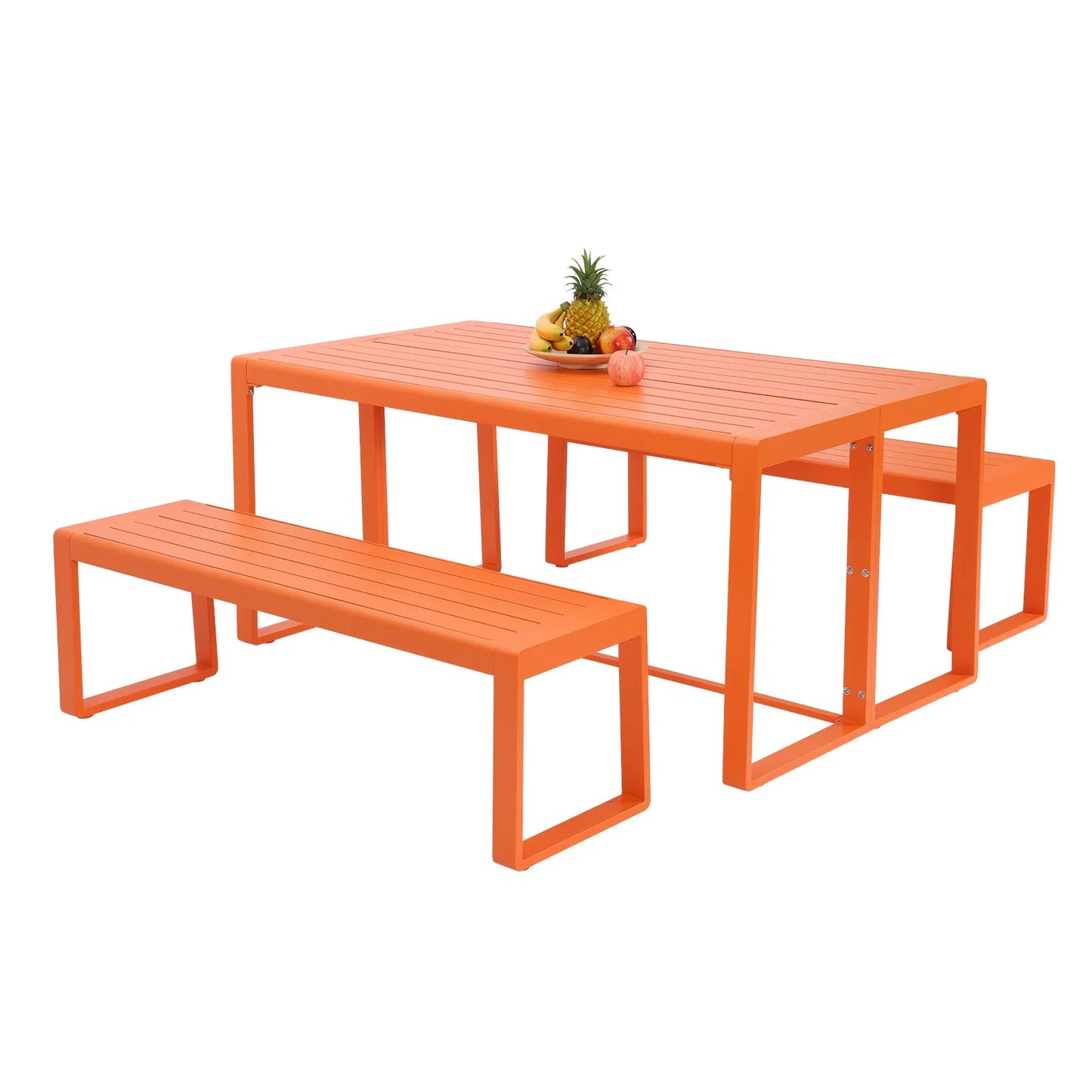 Aoodor 3-Piece Outdoor Patio Aluminum Dining Set with 1 Rectangular Picnic Table and 2 Benches Orange