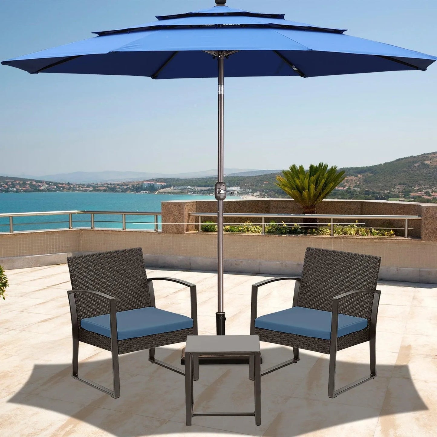3-Piece Patio Furniture Set - Outdoor Rattan Wicker Chairs with Table, Sofa Set Including Cushions, Ideal for Conversations in Garden or Poolside Furniture Aoodor LLC Aoodor