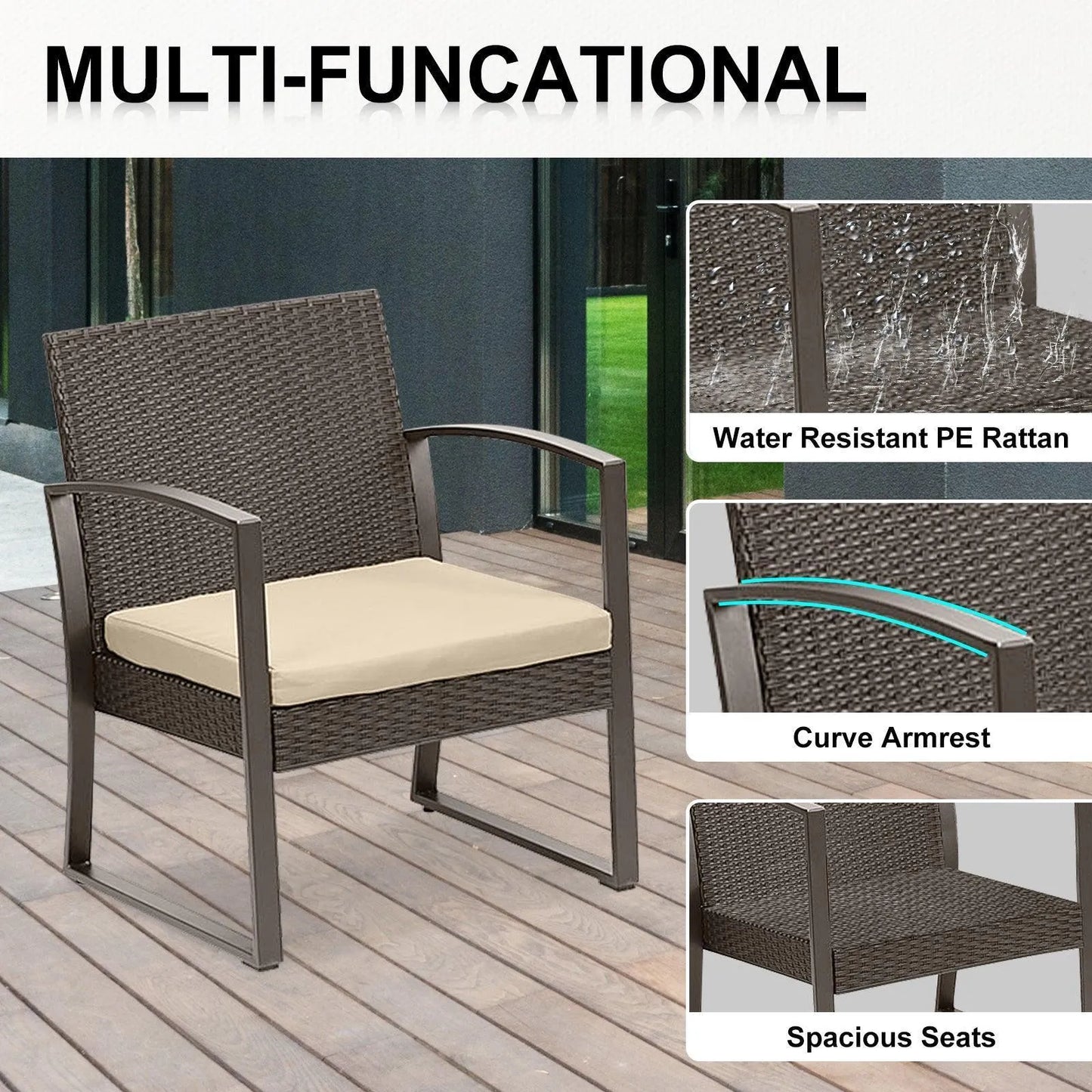 3-Piece Patio Furniture Set - Outdoor Rattan Wicker Chairs with Table, Sofa Set Including Cushions, Ideal for Conversations in Garden or Poolside Furniture Aoodor LLC
