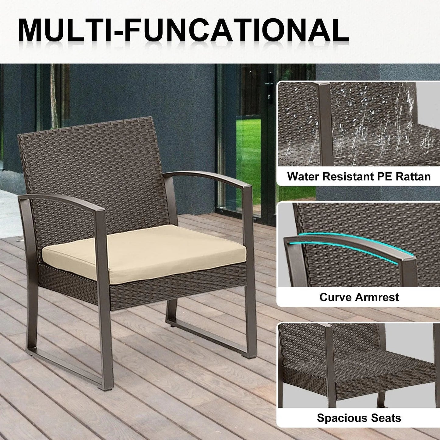 3-Piece Patio Furniture Set - Outdoor Rattan Wicker Chairs with Table, Sofa Set Including Cushions, Ideal for Conversations in Garden or Poolside Furniture Aoodor LLC Aoodor