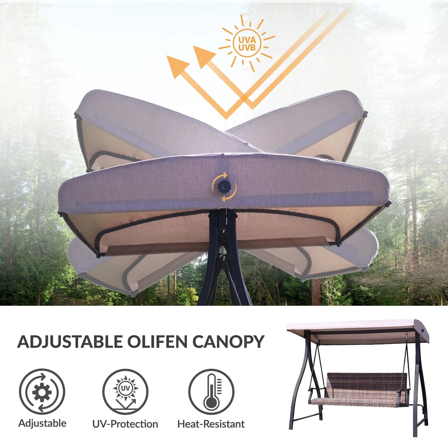 3-Seat Outdoor Rattan Patio Swing with Adjustable Canopy Brown UV protection Aoodor