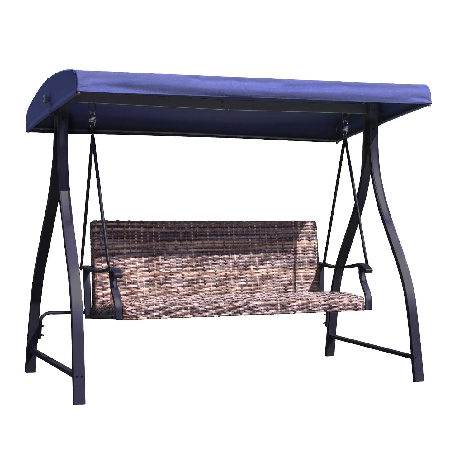 3-Seat Outdoor Rattan Patio Swing with Adjustable Canopy Dark Blue Aoodor