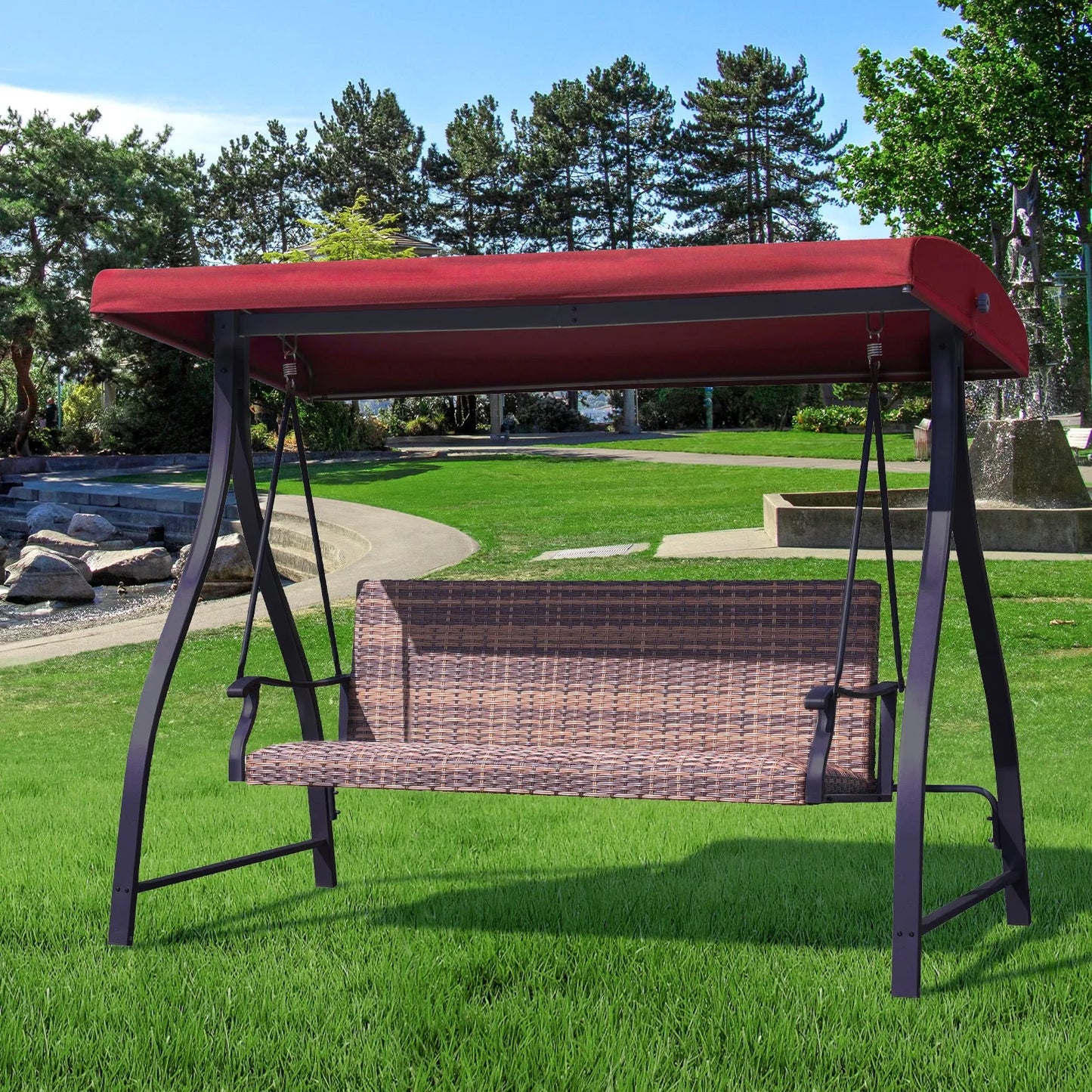 3-Seat Outdoor Rattan Patio Swing with Adjustable Canopy Red Aoodor
