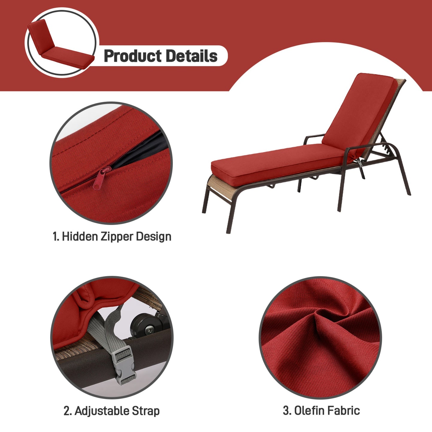 72x21x3 inch Patio Chaise Lounger Cushions Set of 2 - Wine Red Aoodor