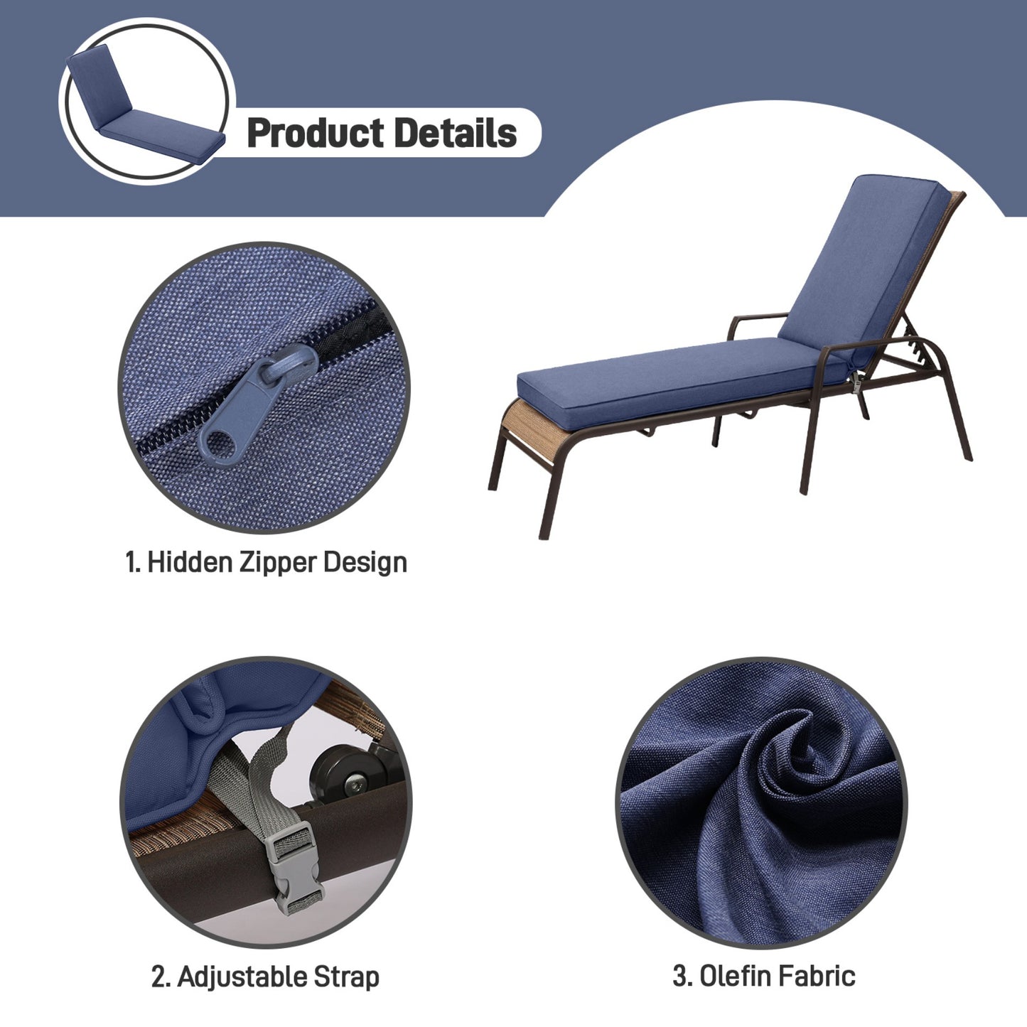 72x21x3 inch Patio Chaise Lounger Cushions Set of 2 - Dark Blue