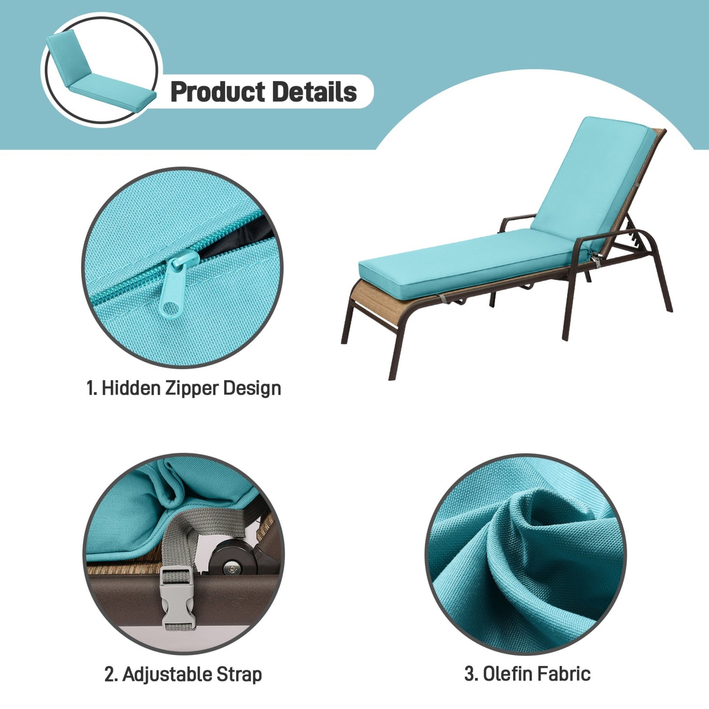 72x21x3 inch Patio Chaise Lounger Cushions Set of 2 - Blue Aoodor