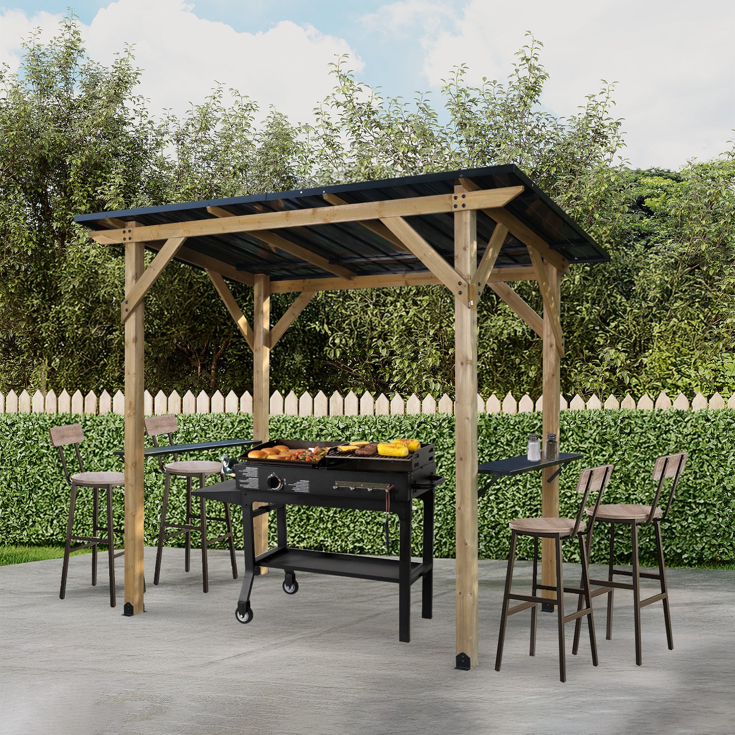 8'x5' Wooden Grill Gazebo, Outdoor Hardtop Gazebo with Sloping Metal Roof and 2 Side Shelves, Fits Most Grills, BBQ Canopy Aoodor